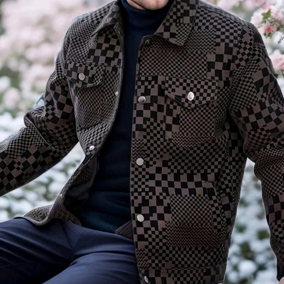 Other - Men's Turn-Down Collar Checkerboard PU Leather Jacket, Business Style